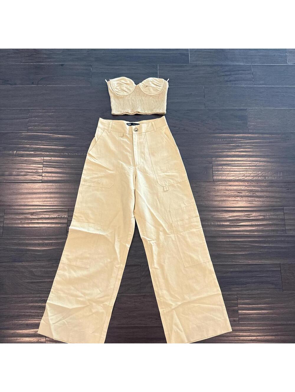 Beige Wide-Leg Pants and Bustier Crop Top Set